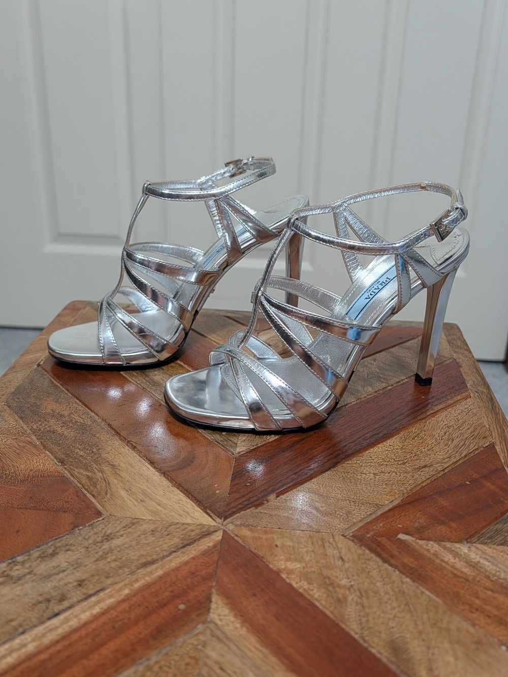 PRADA Silver Strappy High Heel Sandals - Women